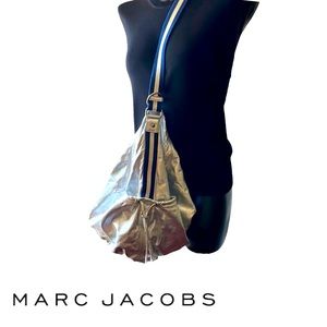 Marc Jacobs Asymmetrical Metallic Silver Leather Bucket Bag with Canvas Strap